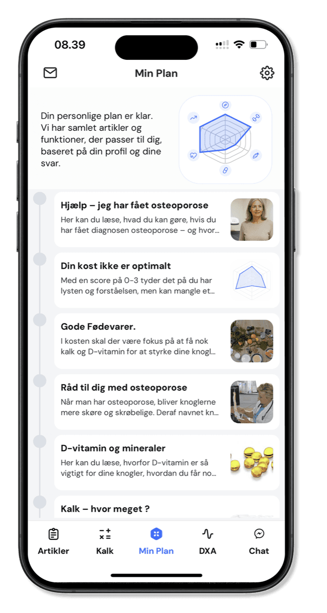 Mine Knogler-appen: skærmen Min Plan med artikler og anbefalinger