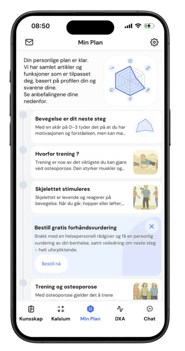 OSAIA-appen: skjermen Min plan med artikler og anbefalinger