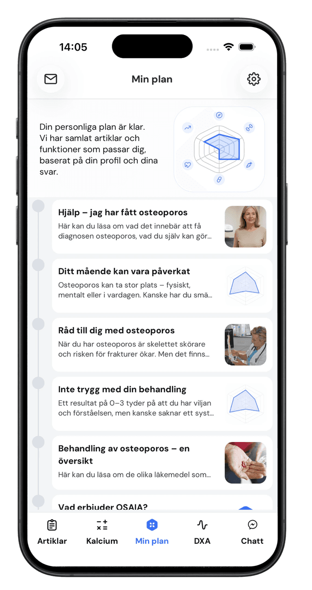 OSAIA-appen: skärmen Min plan med artiklar och rekommendationer